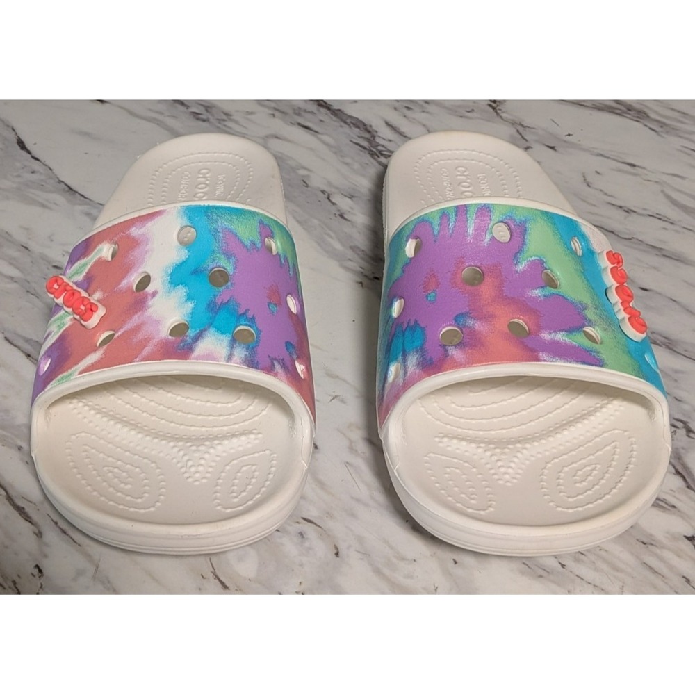 Crocs Classic Slides Sandals White Tie Dye Crocs Charms Size Men's 7  Women's‎ 9 - Picture 2 of 10